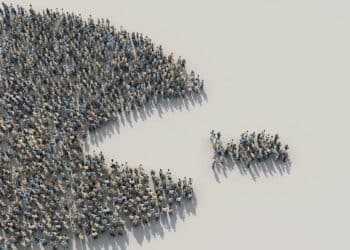 Crowd of people forming big fish shape eating small fish, mega-funds and SMSFs