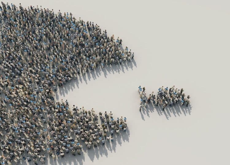 Crowd of people forming big fish shape eating small fish, mega-funds and SMSFs
